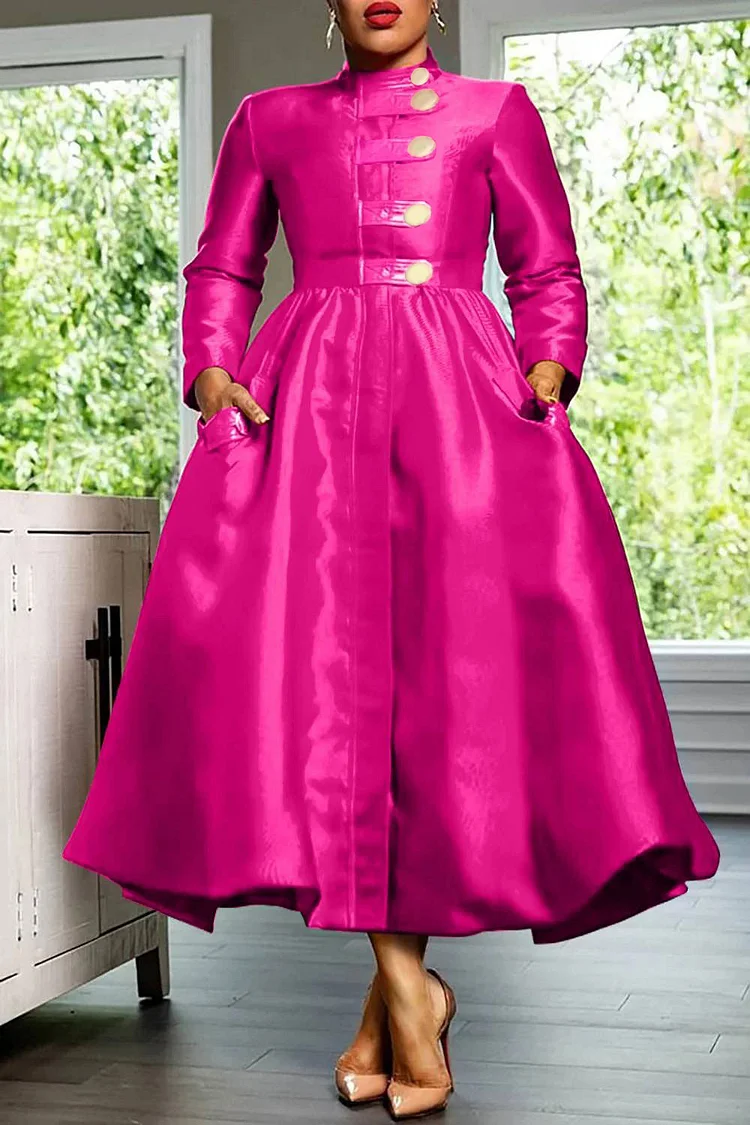 Plus Size Formal Dress Magenta A-Line Mock Neck Button Maxi Dress 