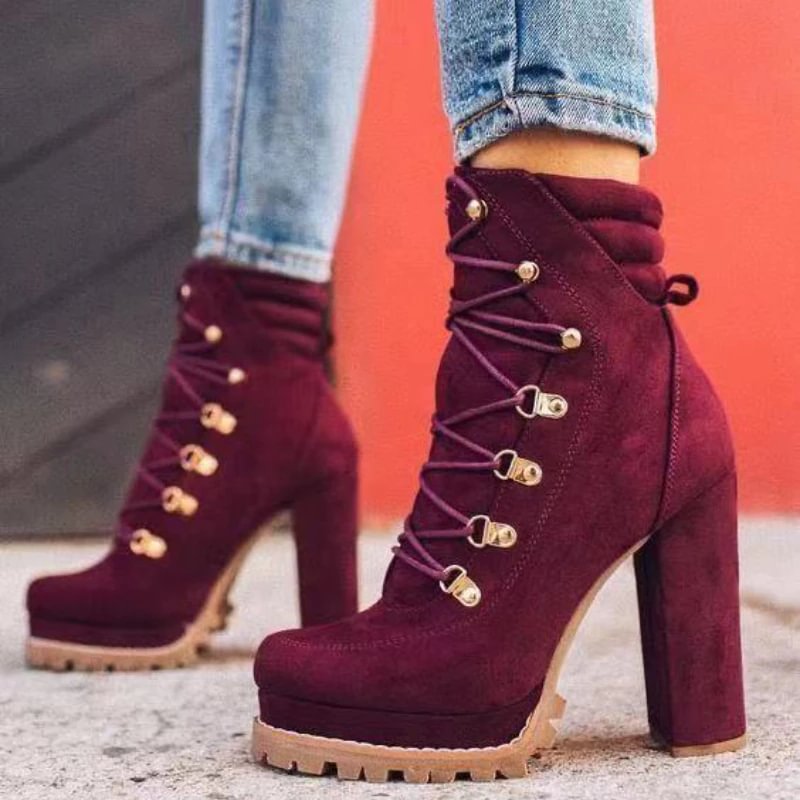 Qengg New Women's Martin Boots Fashion Lace-up Rivets Chunky High Heels Solid Casual Platform Comfort Ankle Boots Bota De Inverno