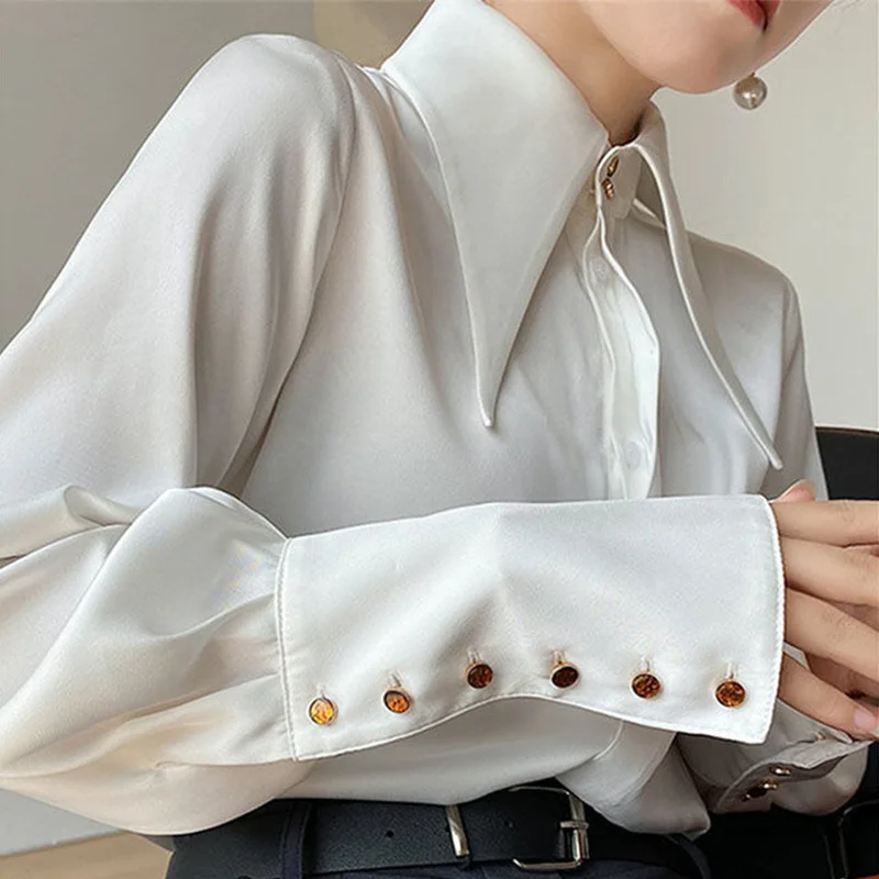 Jangj Autumn Office Lady Polo-neck Elegant Fashion Solid Satin Shirt Female Long Sleeve Temperament All-match Blouse Top Women