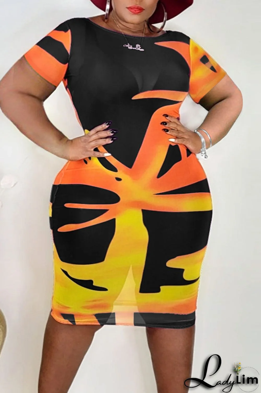 Black Sexy Print Split Joint O Neck One Step Skirt Plus Size Dresses