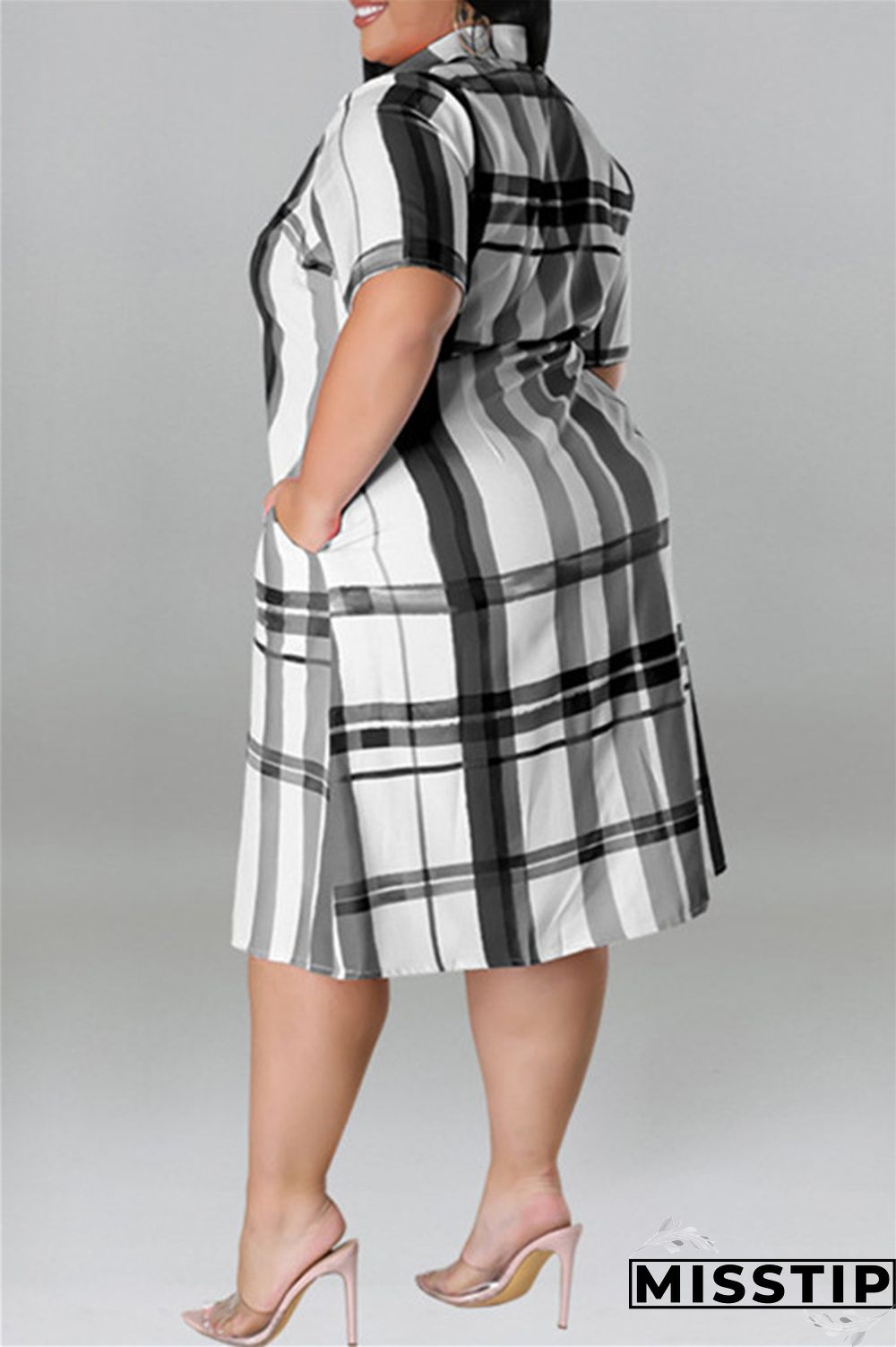 Blue Fashion Casual Plus Size Plaid Print Patchwork Turndown Collar Shirt Dress