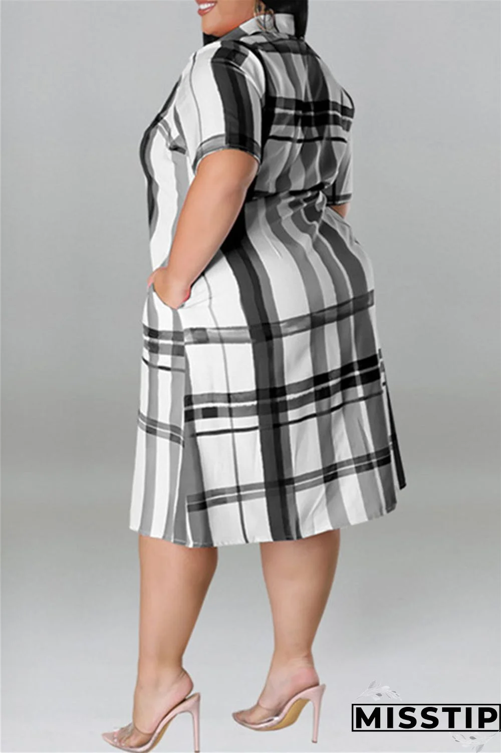 Blue Fashion Casual Plus Size Plaid Print Patchwork Turndown Collar Shirt Dress