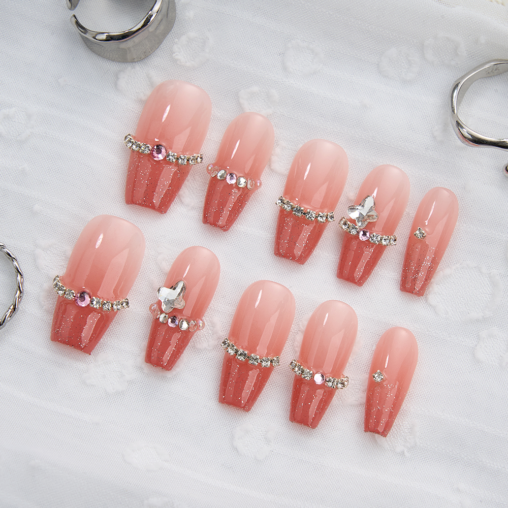 Teamgoo Handmade Fake Nails Pink Diamond Press on Acrylic Nails Long/Short  Nail Tips Art False Nails with Glue Finished Nail