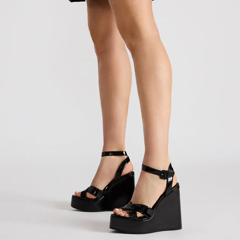 Black Patent Leather Ankle Strap Open Toe Platform Wedge Sandals