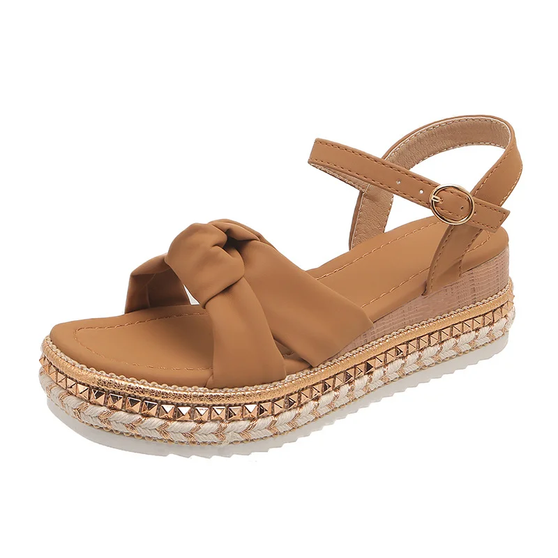 Yyvonne Summer New Loose Cake Heel Sandals Women's Bow Bow Rope Soles Of The Leisure Women's Sandals