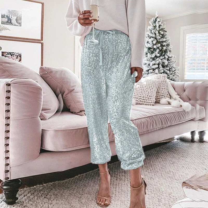 Ladies High Waist Sequin Long Pants Korean Autumn Winter Loose Leisure Trousers Sexy Glitter Sliver Pink Wide Clothes Joggers