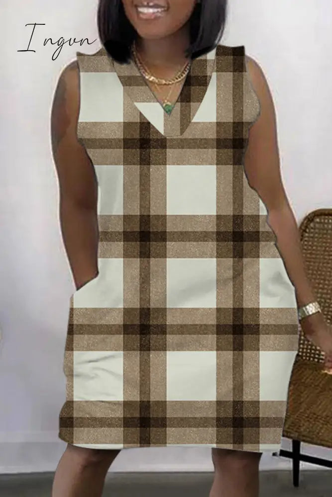 Ingvn - Light Coffee Casual Print Patchwork V Neck Sleeveless Dress Dresses / S Dresses Midi