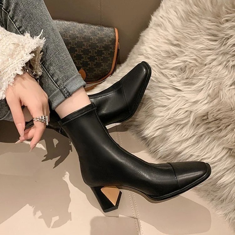 Yyvonne Women's Shoes Square Head Short Boots 2025 New Winter Korean Version Of High Heel And Thick Zipper Fashion Martin Boots