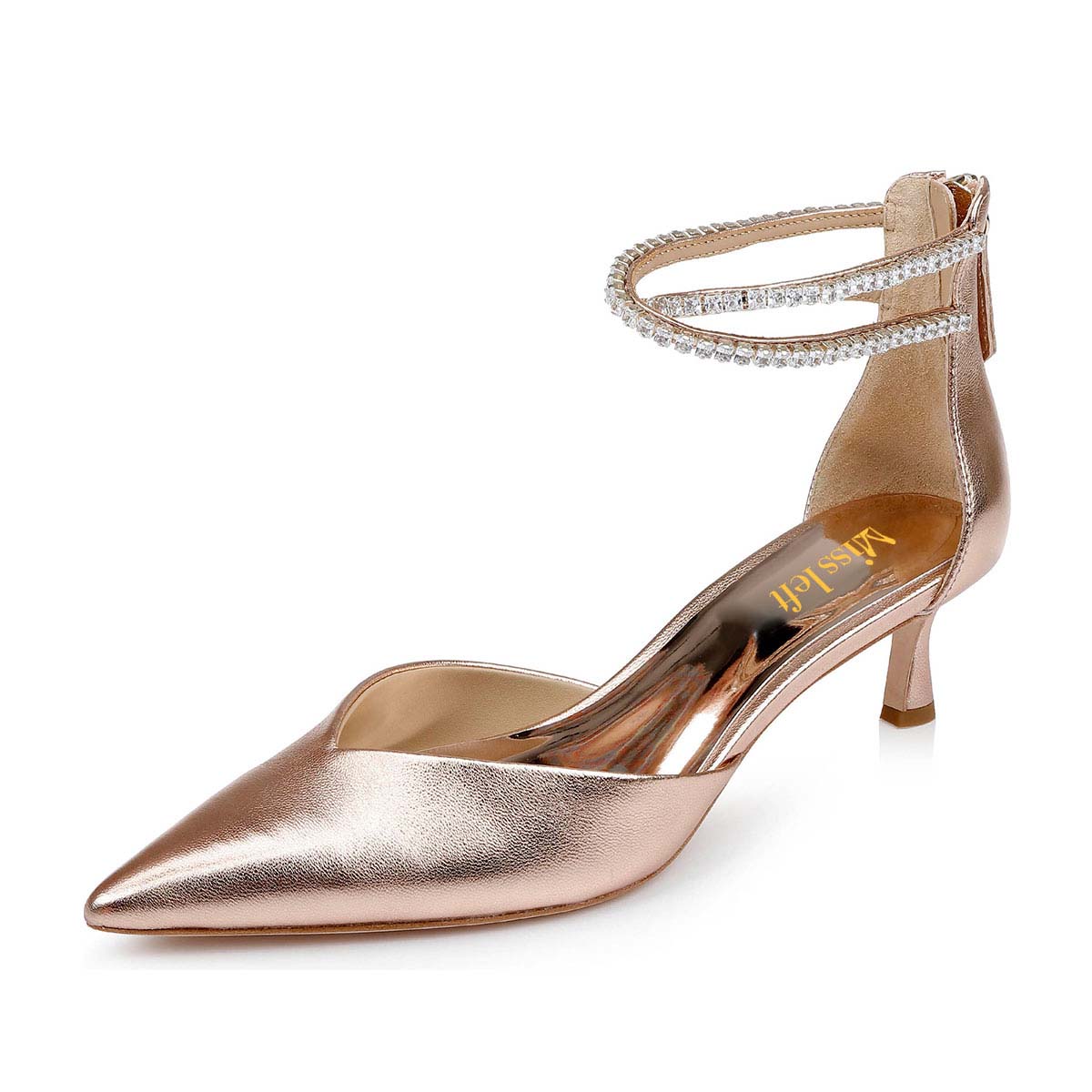 Champagne Rhinestone Strap Pointed Toe Kitten Heel Pumps for Women Nicepairs