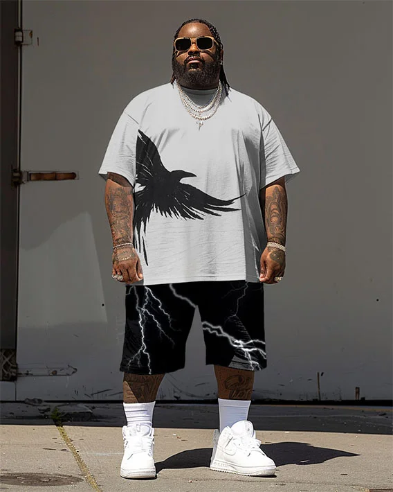 Men's Plus Size Street Casual Crow Lightning Print T-Shirt Shorts Suit