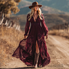 Women's Vintage Bohemian Elegance In A Wine Red Lace Maxi Dress by Inlyline