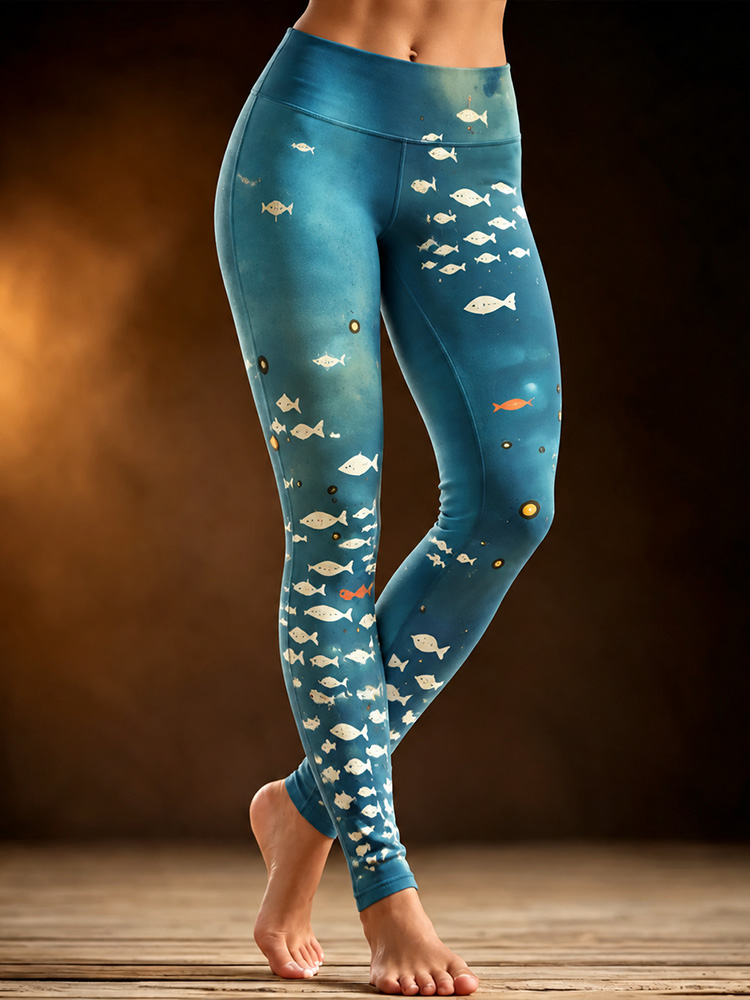 Comstylish Women's Ocean And Fish Art Print Slim Fit Leggings