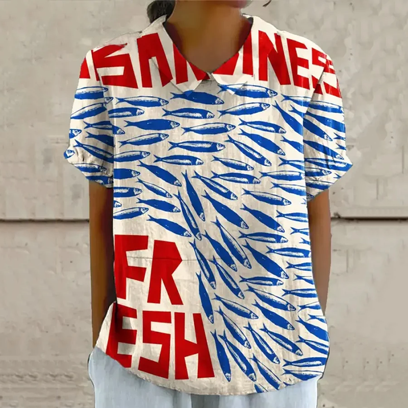 Retro Sardines Forever Fish Art Pattern Printed Casual Women's  Cotton Linen Shirt