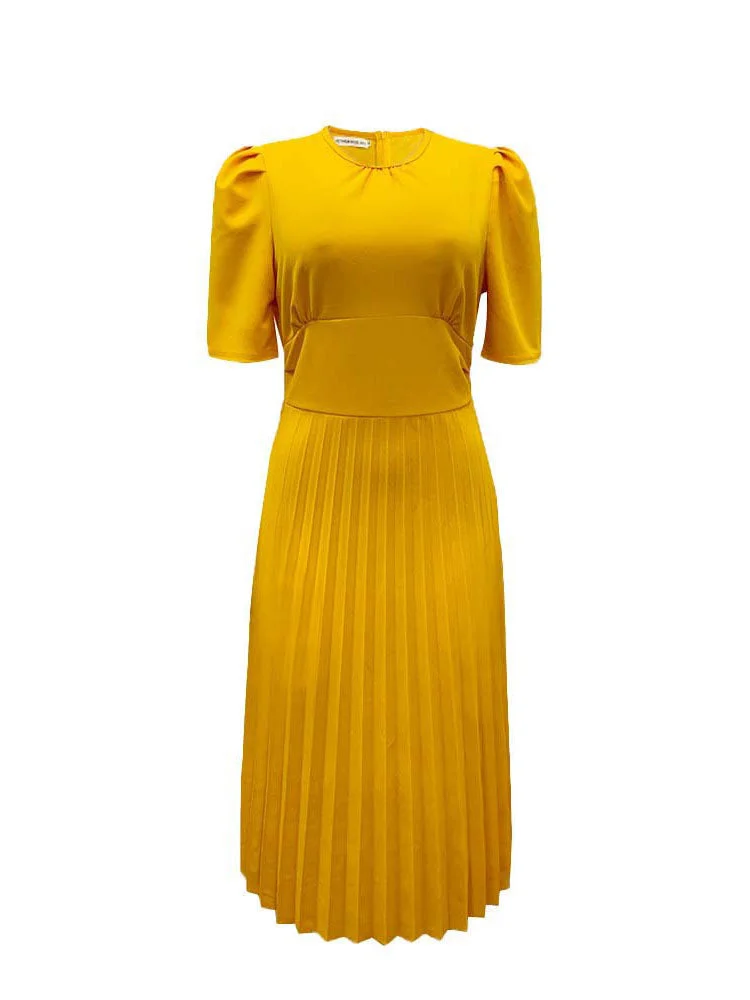 Plus Size Casual Solid Short Sleeve Pleated Midi Dresses