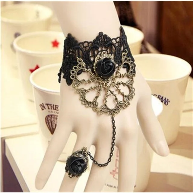 Women Retro Lace Bracelet with Ring Chain Gothic Rose Jewelry Wrist Novameme