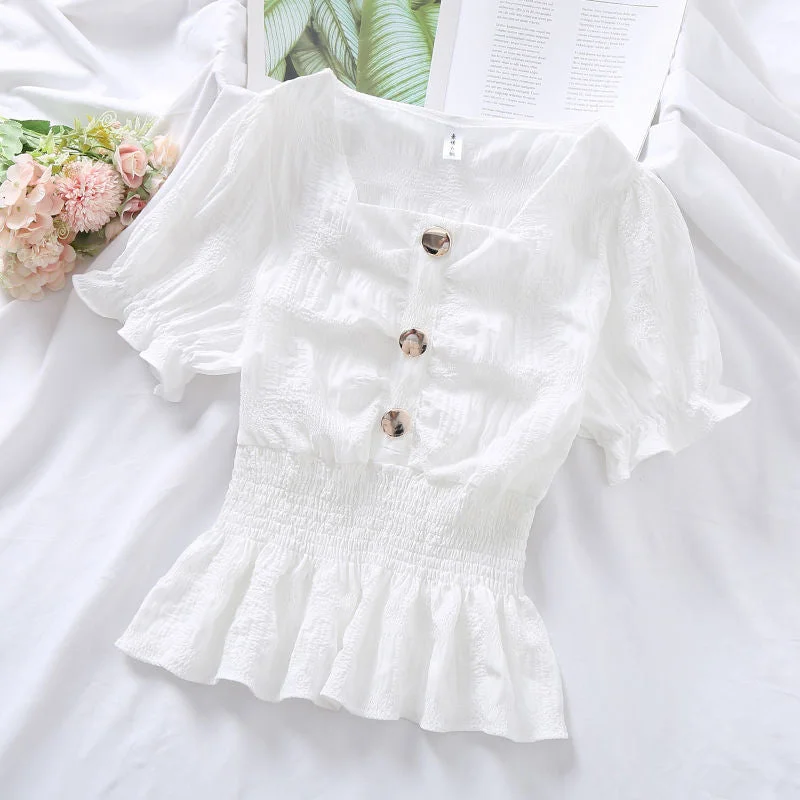 Blouses Women Candy Colors Ulzzang Kawaii Fashion Ins Preppy Clothing Summer Sweet Lovely Girls Slim 2021 Shirring Square Collar