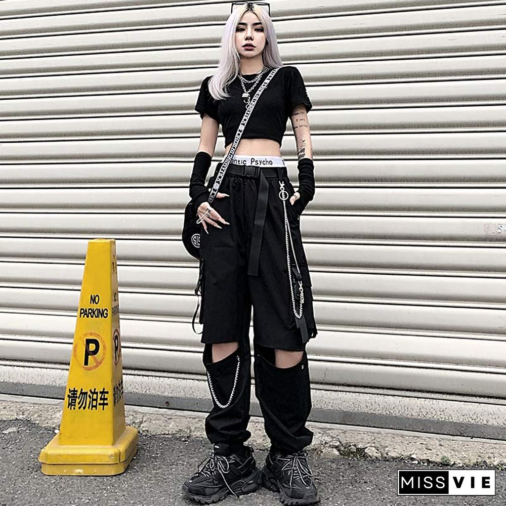 Casual Pants Chain Broken Hole Elastic Waist