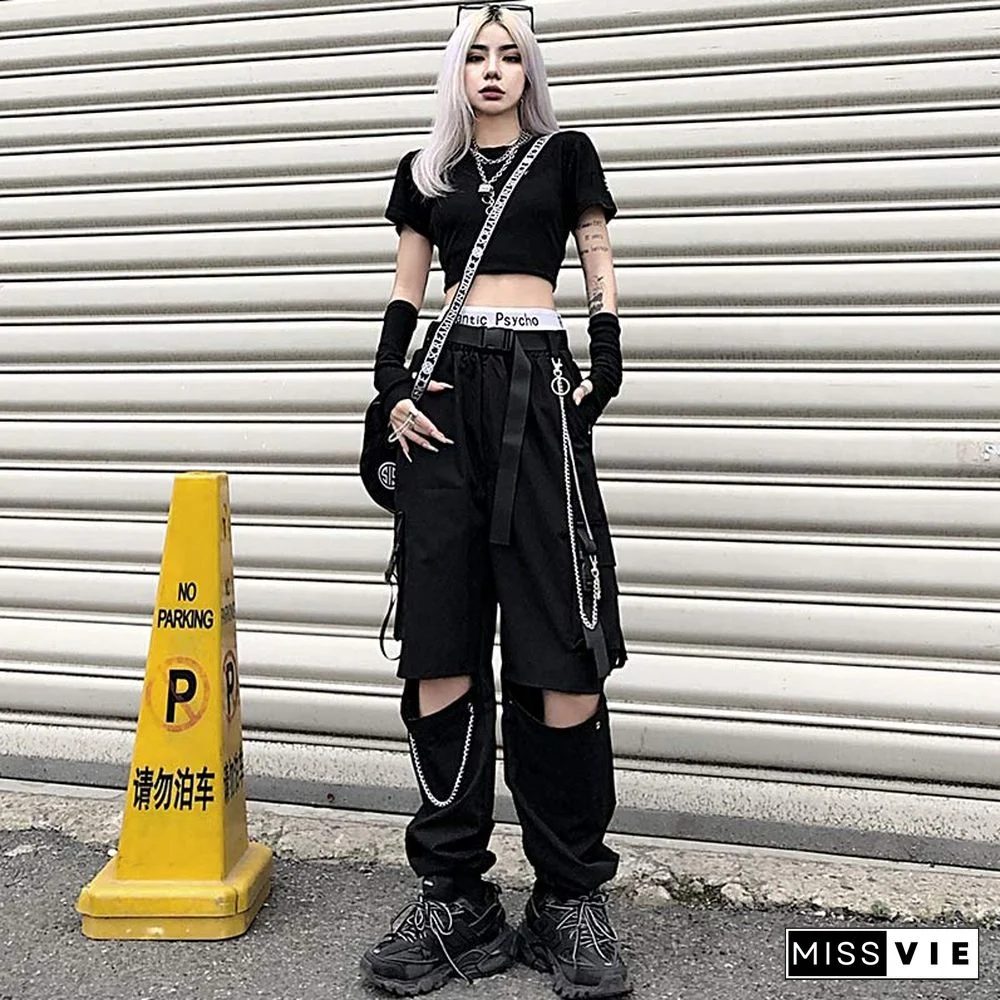 Casual Pants Chain Broken Hole Elastic Waist