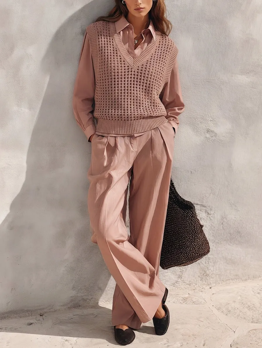 Women's 3-piece Set Featuring A Casual Dusty-pink Woven Shirt And A Knitted Openwork Vest MD