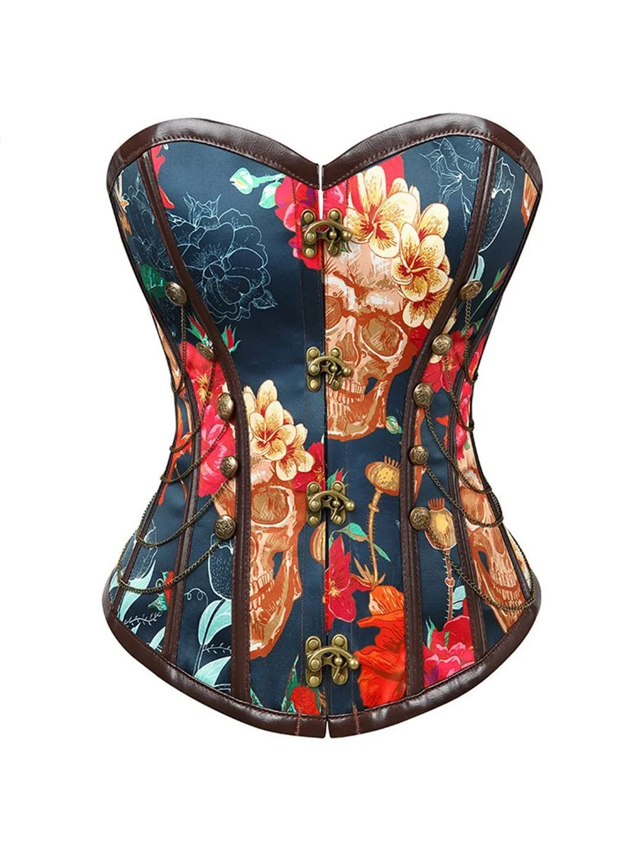 Gothic Bustiers Steampunk Button Chain Floral Print Corset