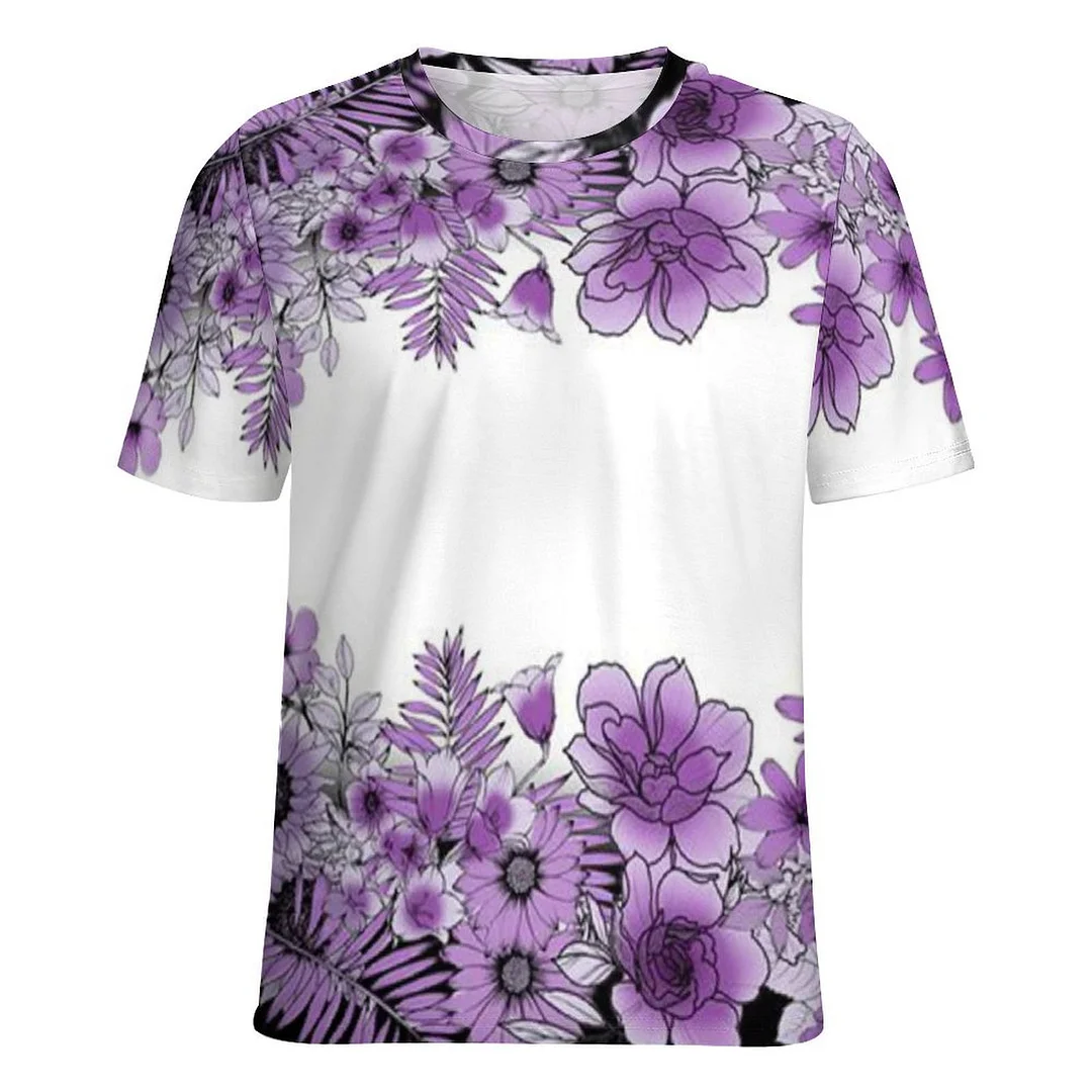 Full Printed Unisex Short Sleeve T-shirt for Men and Women Pattern Floral,Purple,White
