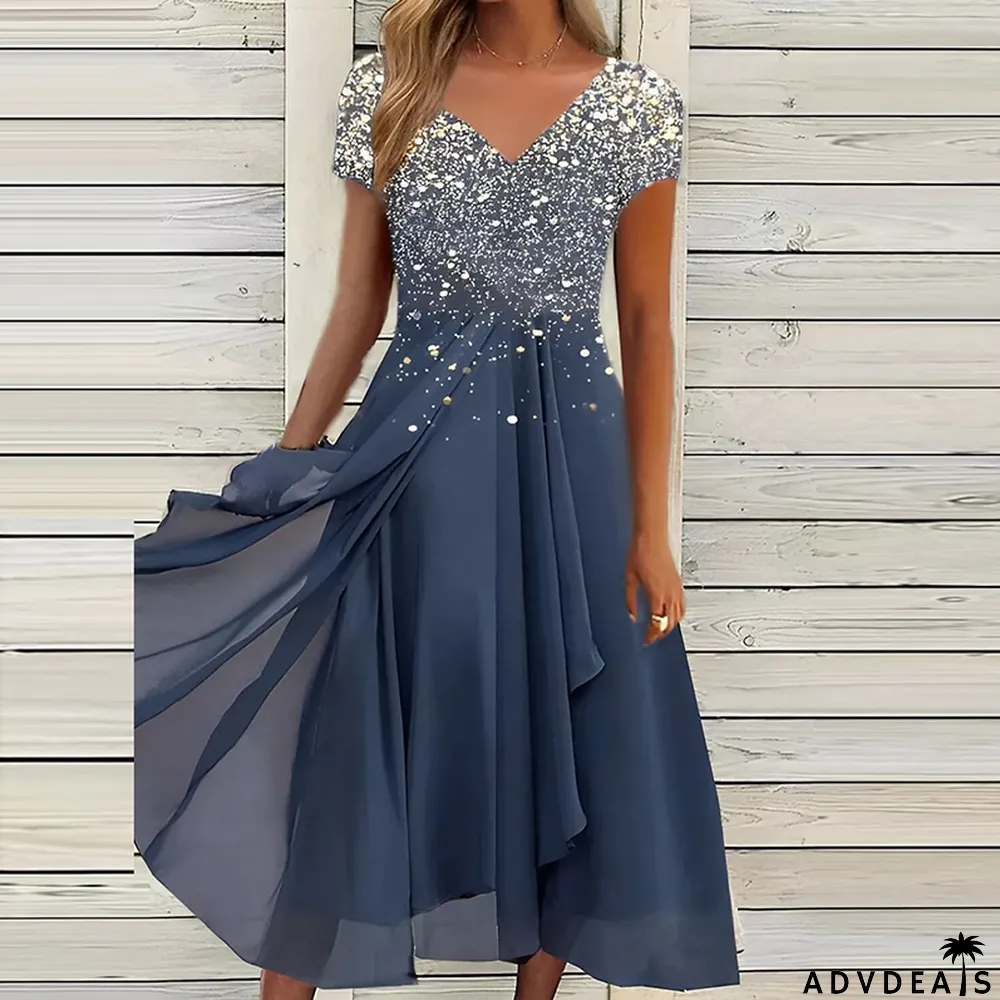 Elegant Floral Chiffon Party Fashion V-Neck Short Sleeve Dress