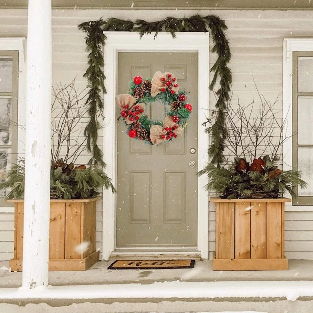 Red Berries Pine Cones Burlap Bow Christmas Wreath Winter Wreath