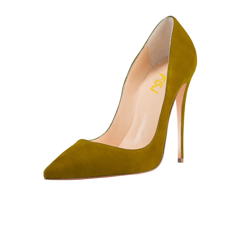 Women's Olive Green Stiletto Heels Vegan Suede Pointy Toe Pumps Shoes |FSJ Shoes
