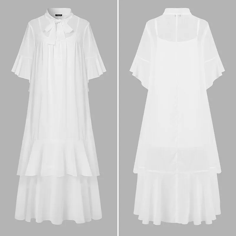 Women Solid Sleeveless Maxi Dress VONDA 2022 Summer Bow Neck Flare Sleeve Pleated Ruffled Long Party Sundress Bohemian Vestidos