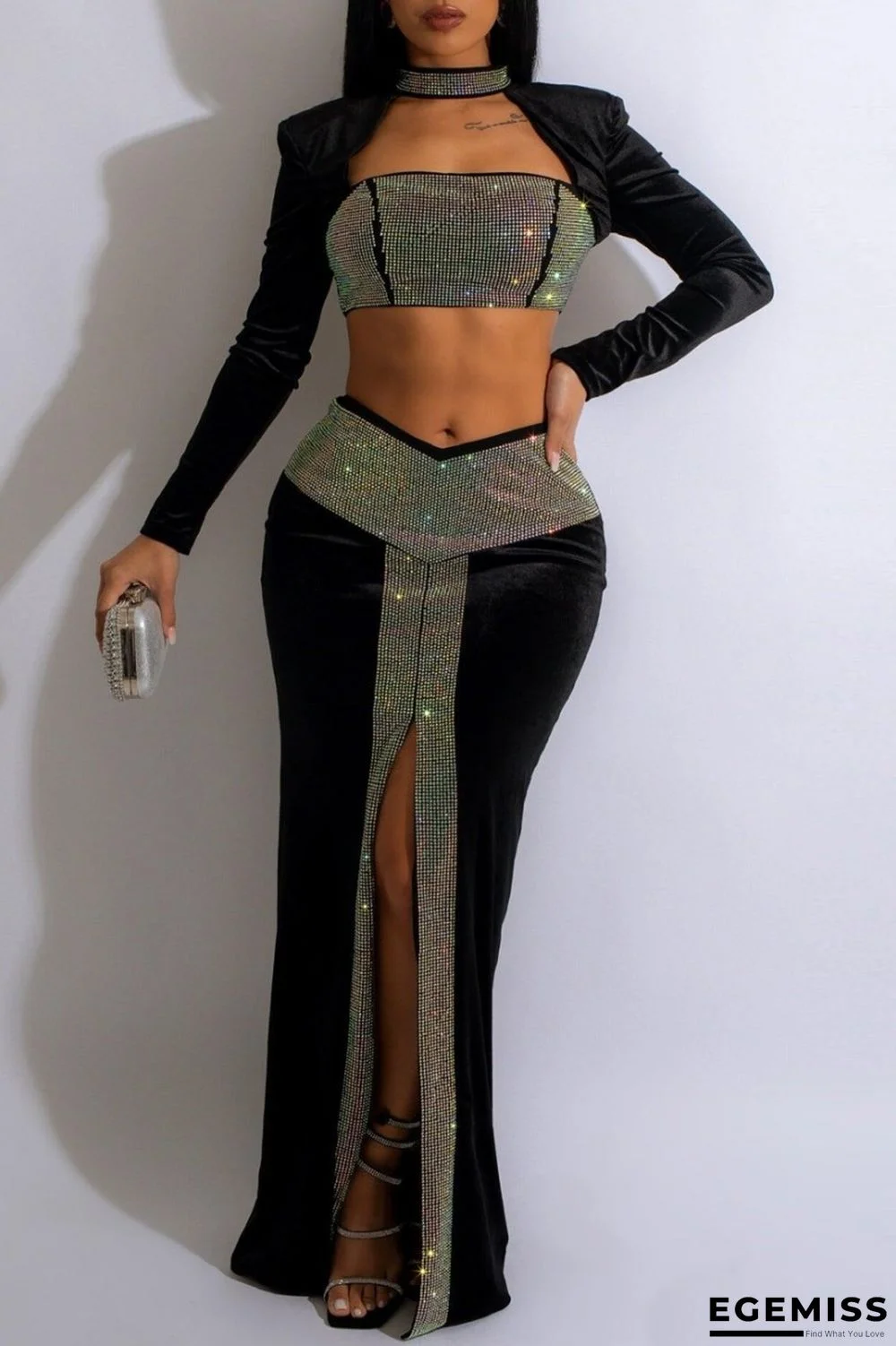 Black Sexy Patchwork Hot Drilling Hollowed Out Backless Slit Half A Turtleneck Long Sleeve Two Pieces | EGEMISS