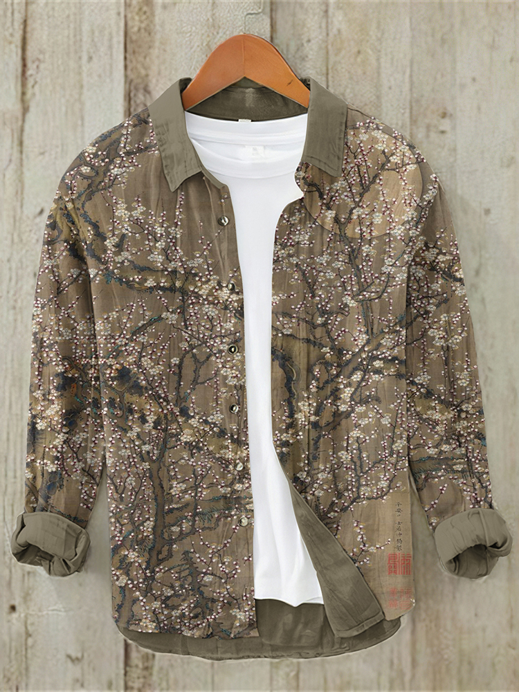 Comstylish Vintage Moon Printing Japanese Art Linen Blend Shirt