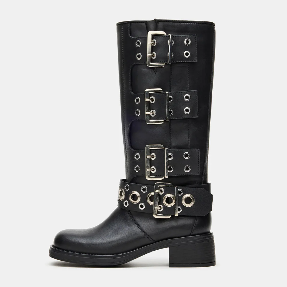 Black Square Toe Chunky Heel Buckle Grommet Knee High Boots for Women