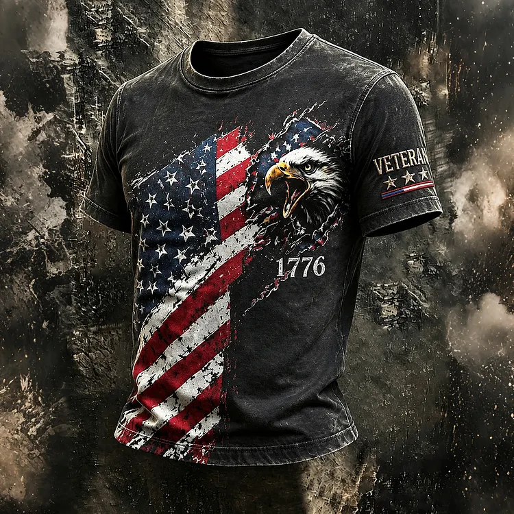 Men's Retro Veteran Flag Eagle  Print T-shirt