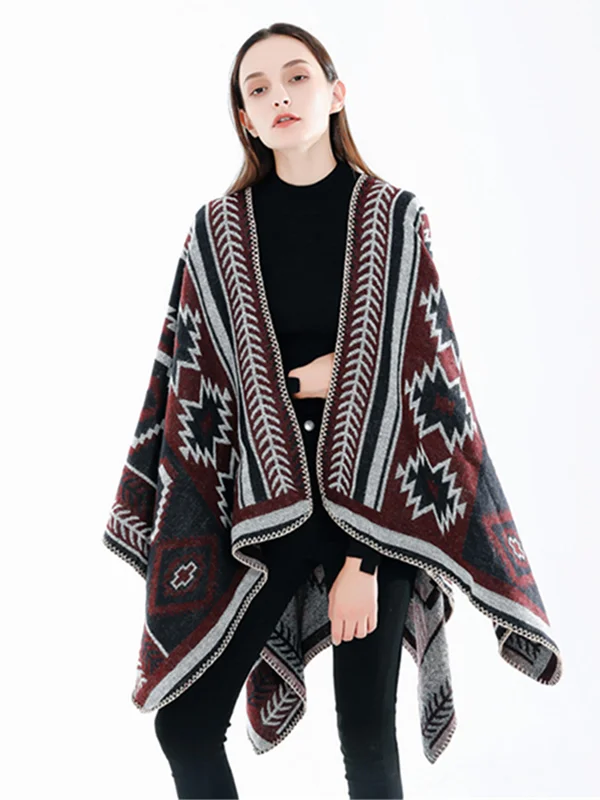 Casual Loose Patchwork V-Neck Shawl&Cloak