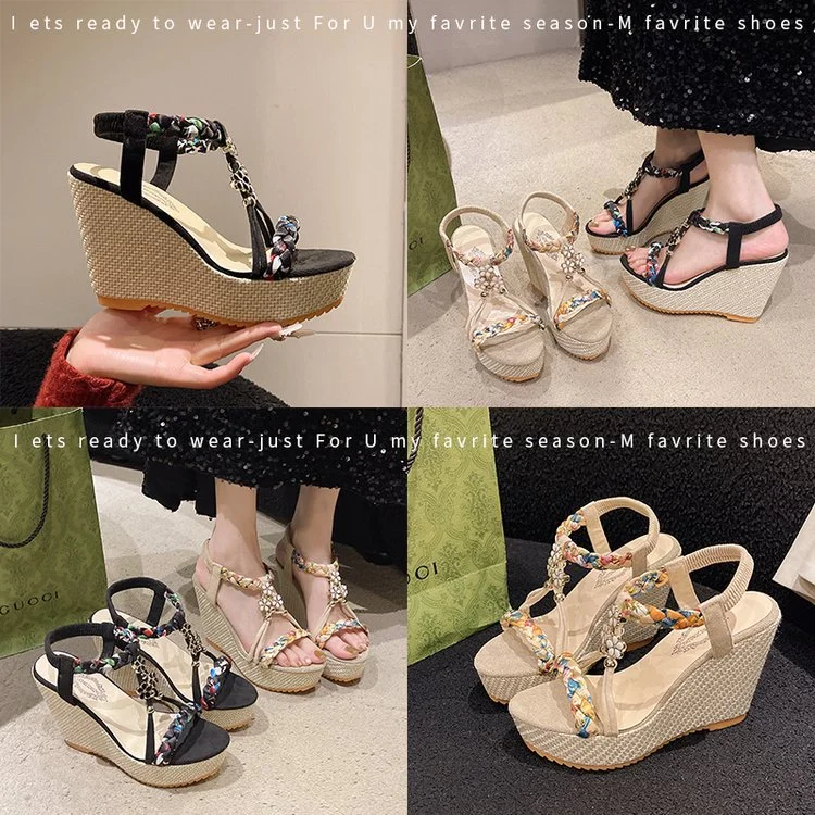 Qengg Qengg Sandals Women 2024 Summer Korean Version Of The New Slope And Thick Bottom Water Drill Fish Mouth Sandals Large Size Woman