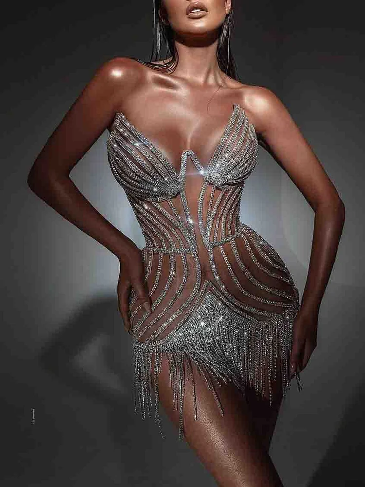 Sexy sequin tube top tassel evening dress