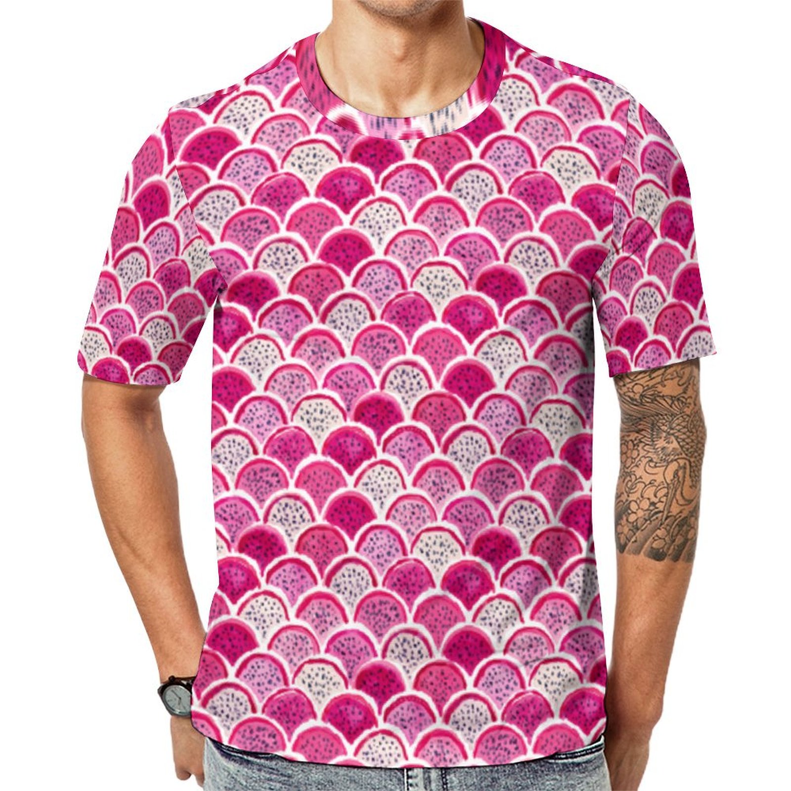 Dragon Scales Pink Dragon Fruit Scallop Short Sleeve Print Unisex Tshirt Summer Casual Tees for Men and Women Coolcoshirts