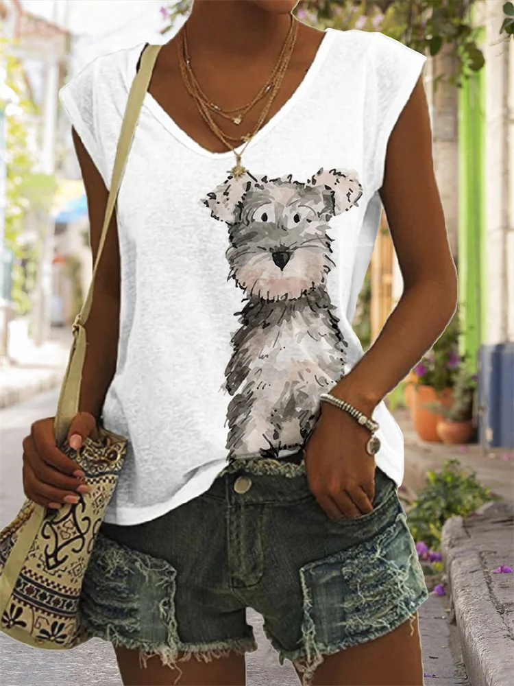 Cute Schnauzer Art V Neck Comfy Tank Top