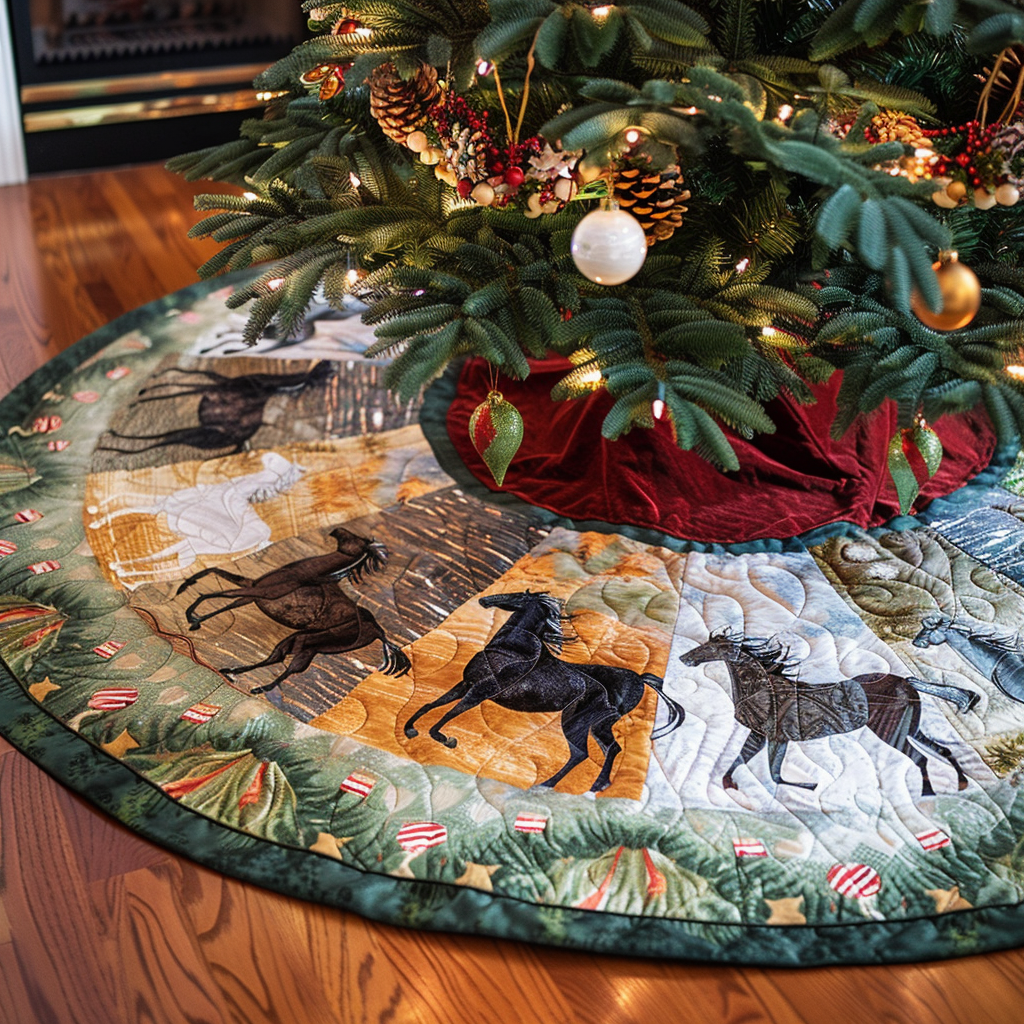 Holly Horse Christmas Quilted Tree Skirt NCU0DV1474