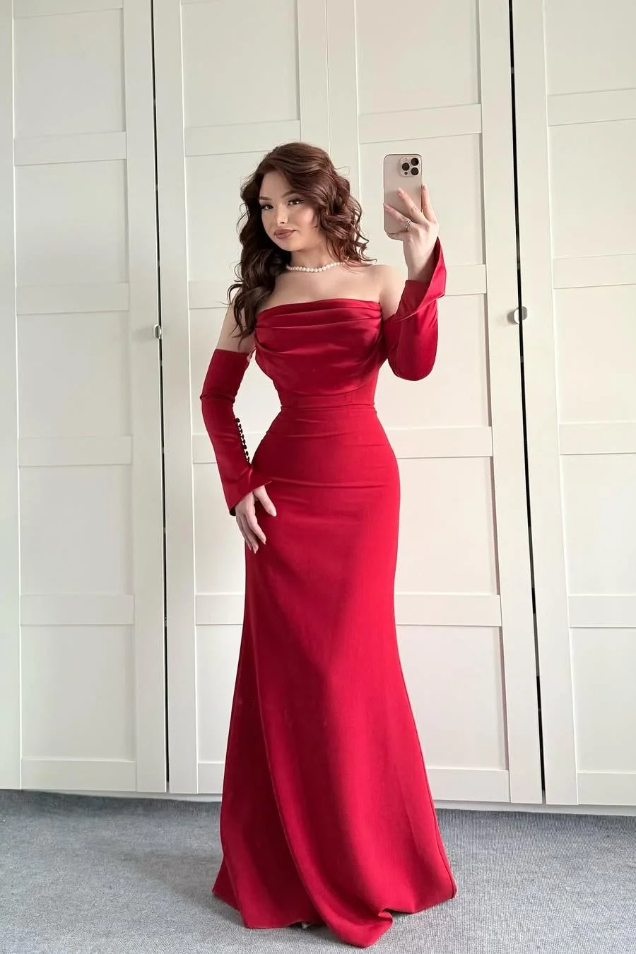 Miabel Charming Red Satin Sleeveless Strapless Long Pleated Prom Dress with Gloves 