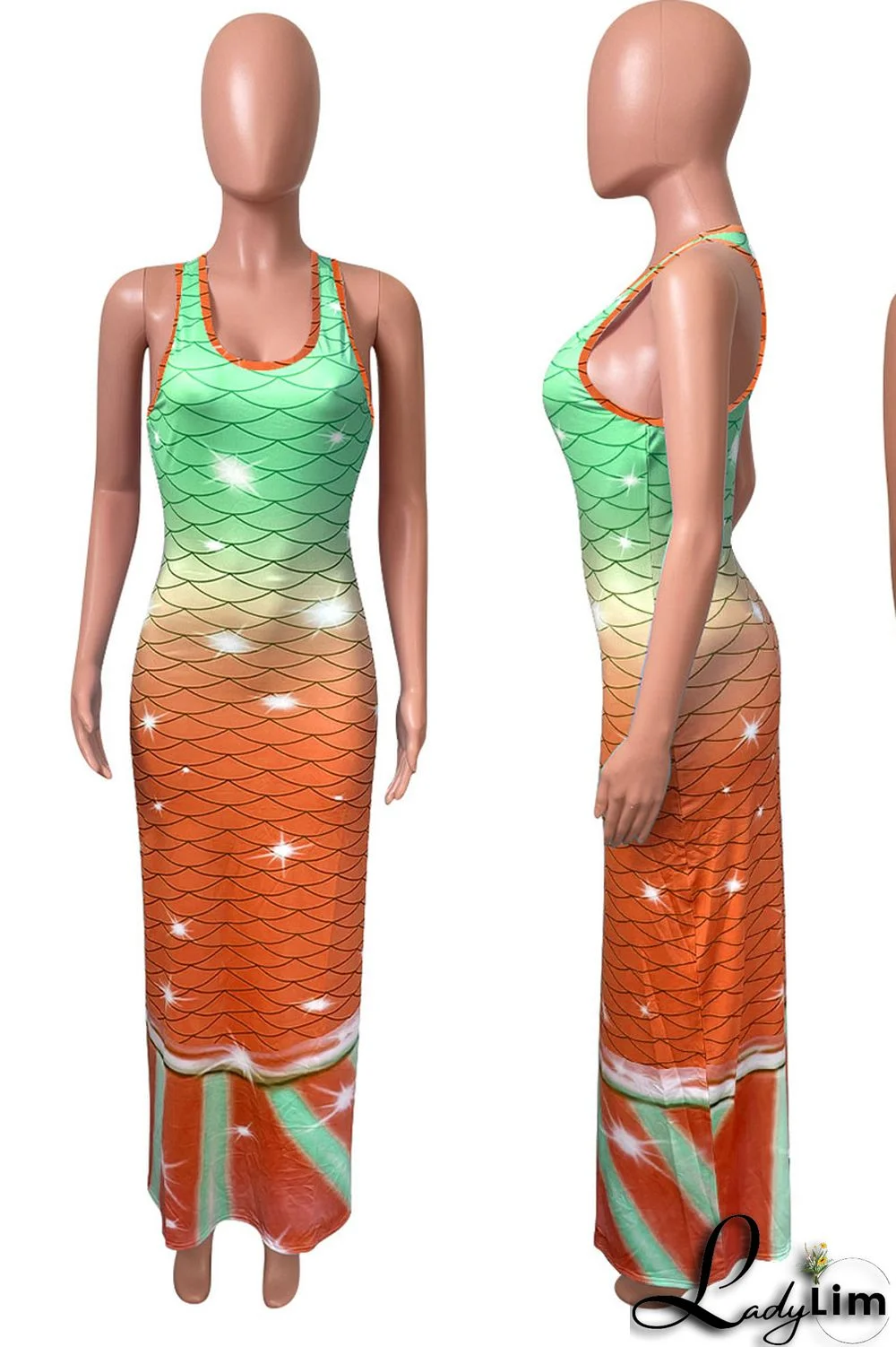 Tangerine Red Casual Print Split Joint U Neck Vest Dress Dresses