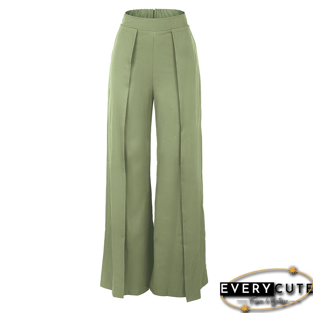 Light Green Back Zipper Casual Wide Leg Pants
