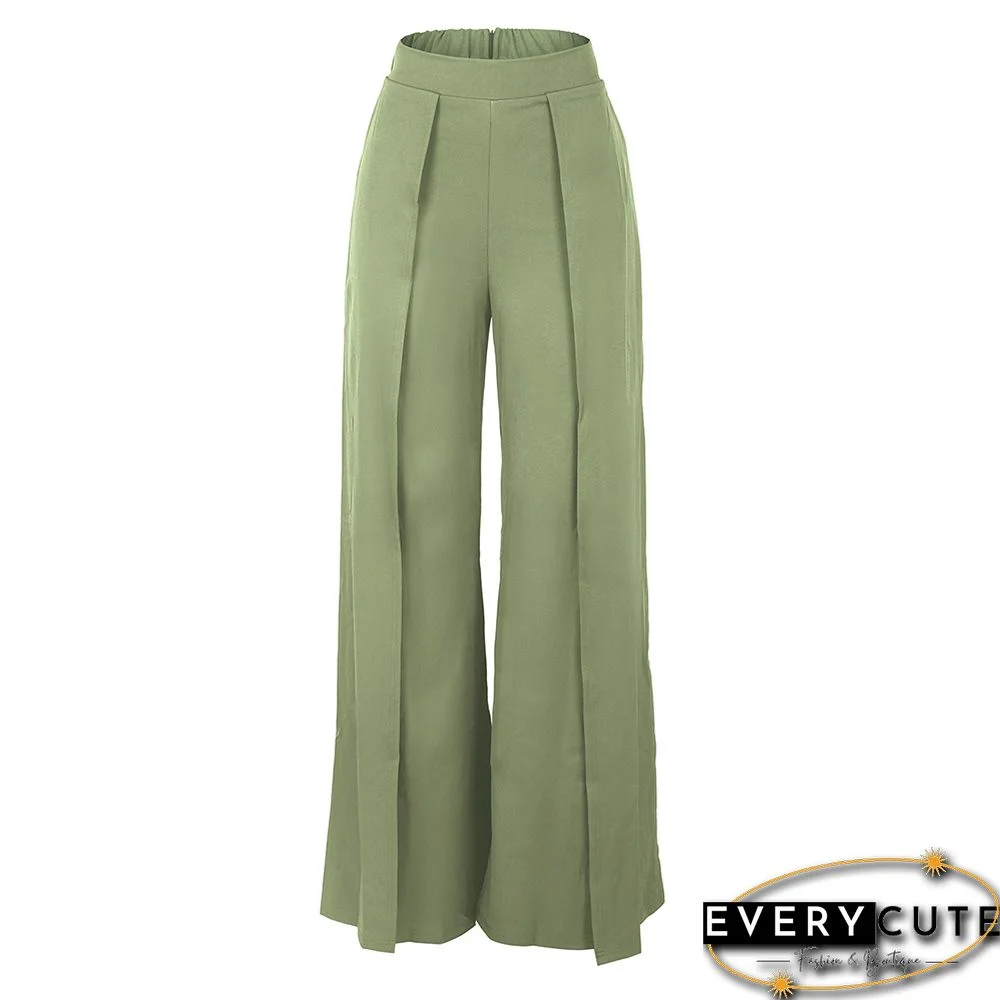 Light Green Back Zipper Casual Wide Leg Pants
