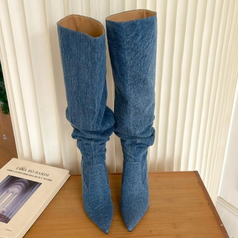 Yyvonne Blue High Heels Long Boots for Women 2023 Autumn Pleats Pointed Toe Cowboy Boots Woman Thin Heeled Knee High Boot Shoes