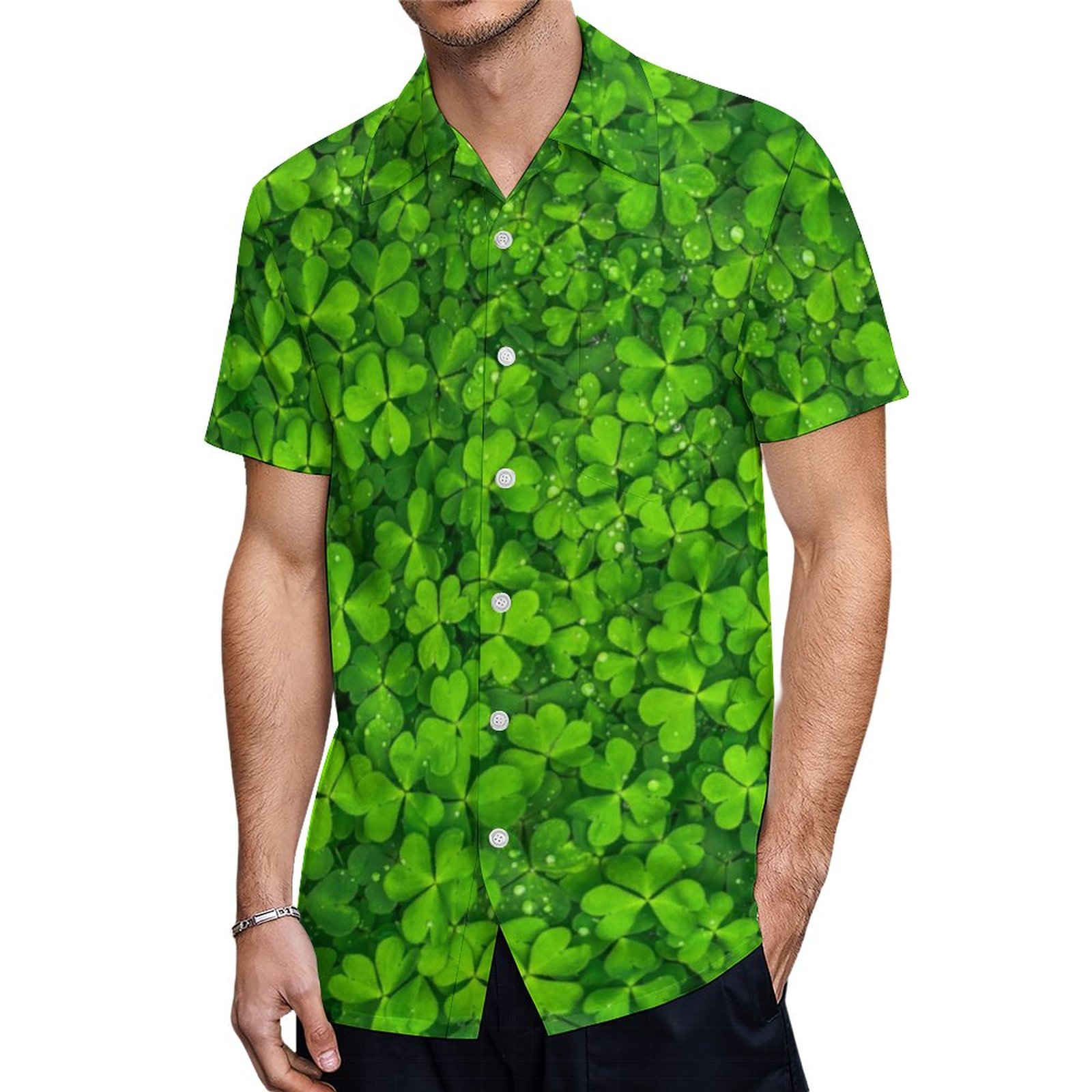 St Patrick Day Irish Shamrock Clovers Green Hawaiian Shirt Mens Button Down Tropical Hawaii Beach Shirts