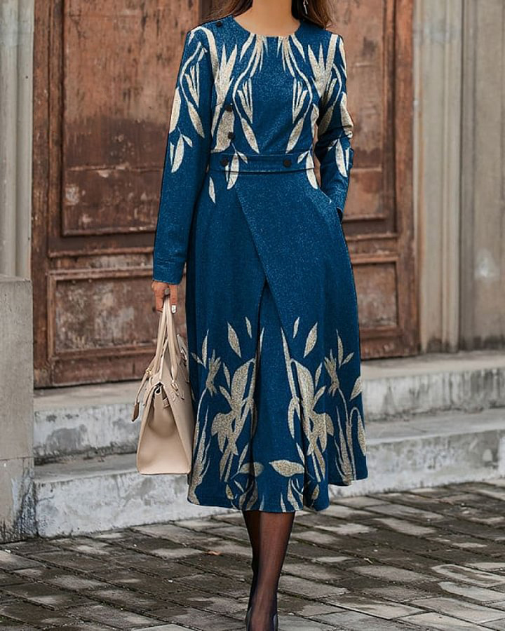 Vintage Plant Print Round Neck Long Sleeve Dress