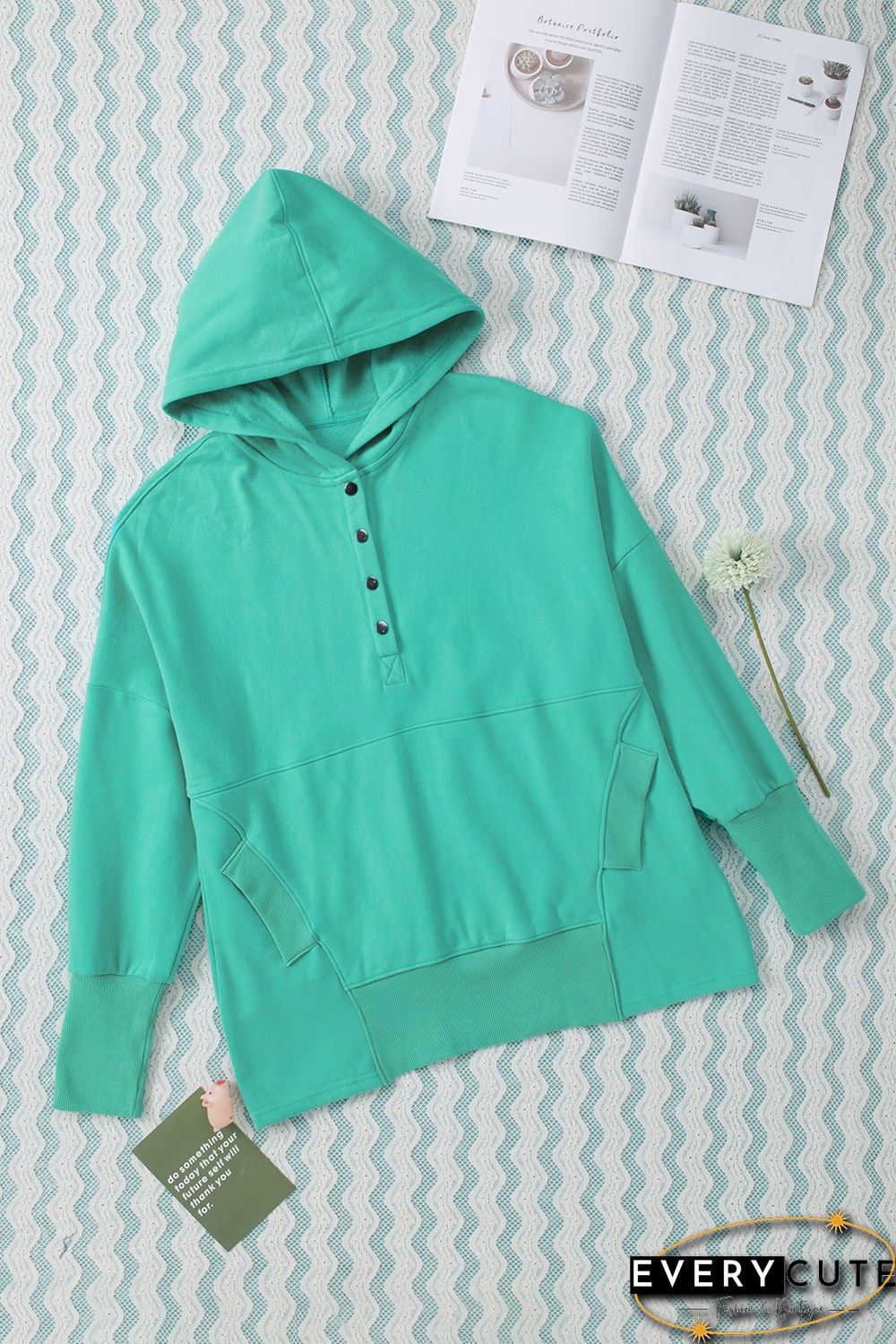 Turquoise Batwing Sleeve Pocketed Henley Hoodie