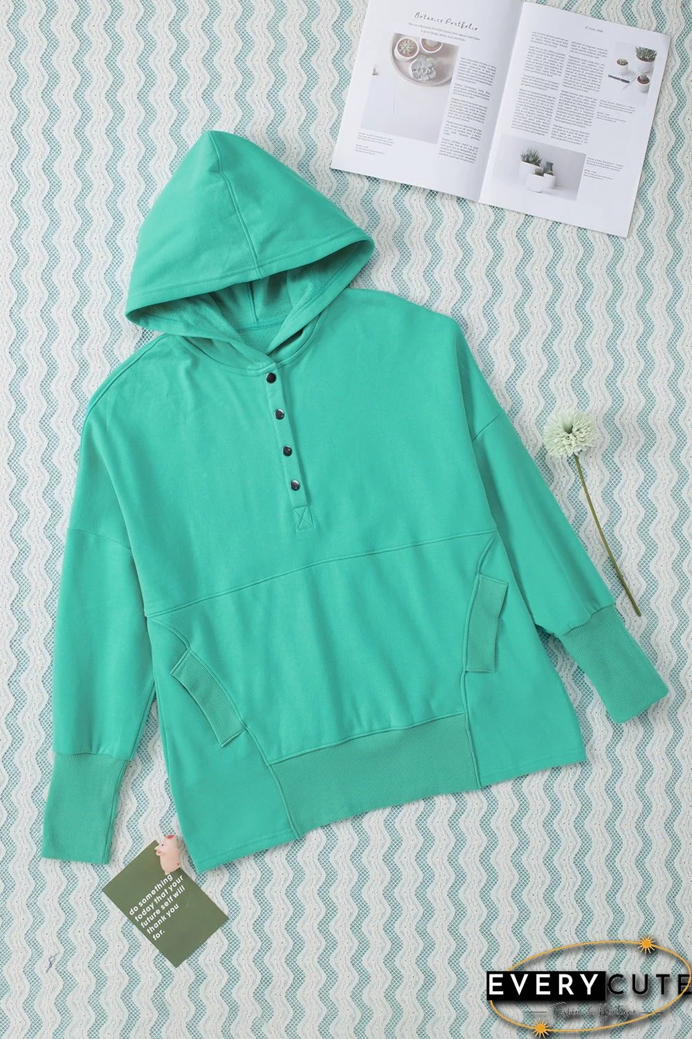 Turquoise Batwing Sleeve Pocketed Henley Hoodie