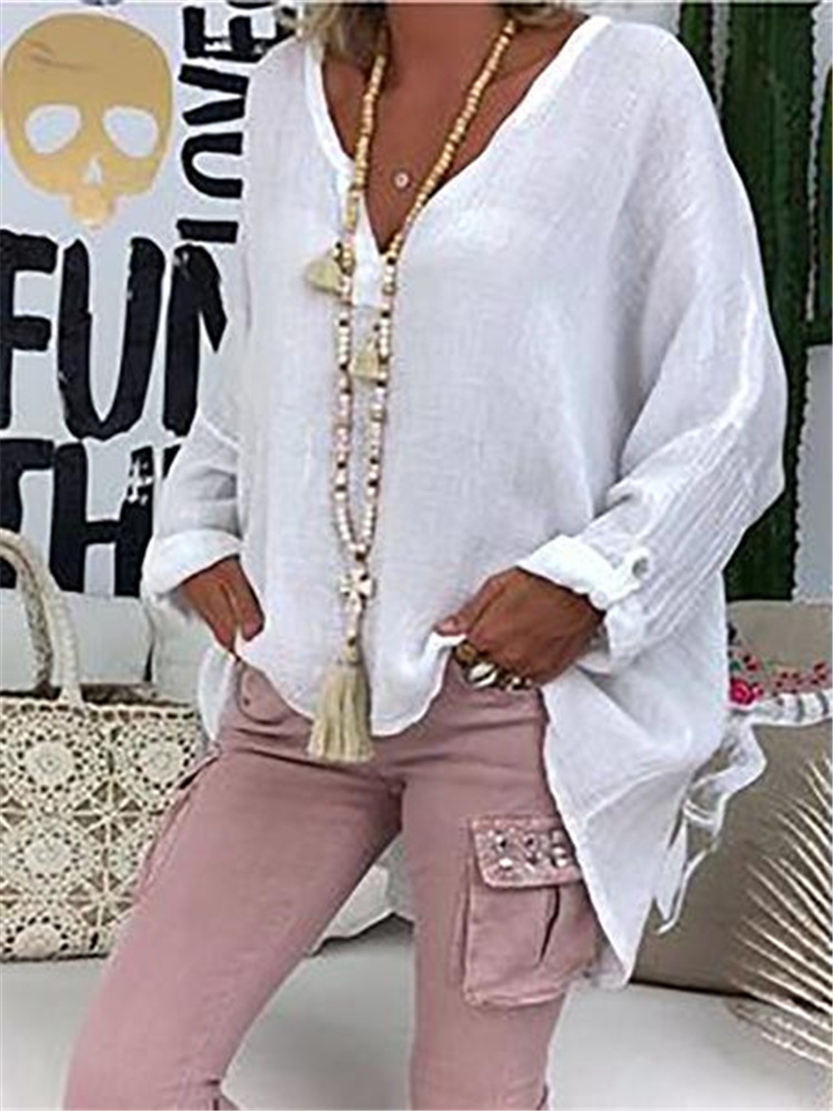 Casual V NeckSolid Cotton T-shirt