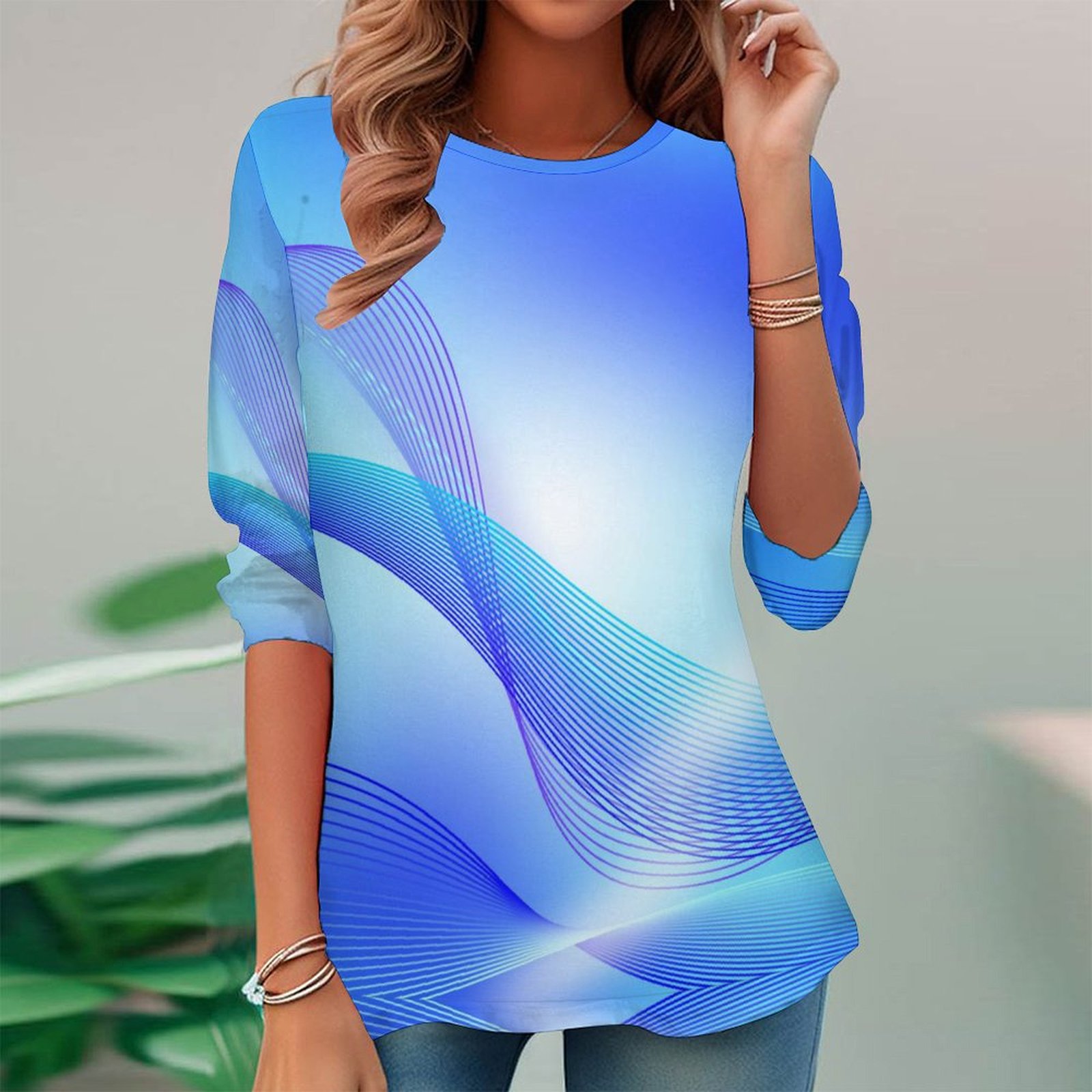 Women Long Sleeve V-neck Graphic Floral Printed Top